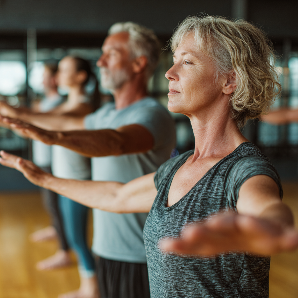 Middle-aged adults performing gentle mobility exercises in wellness center