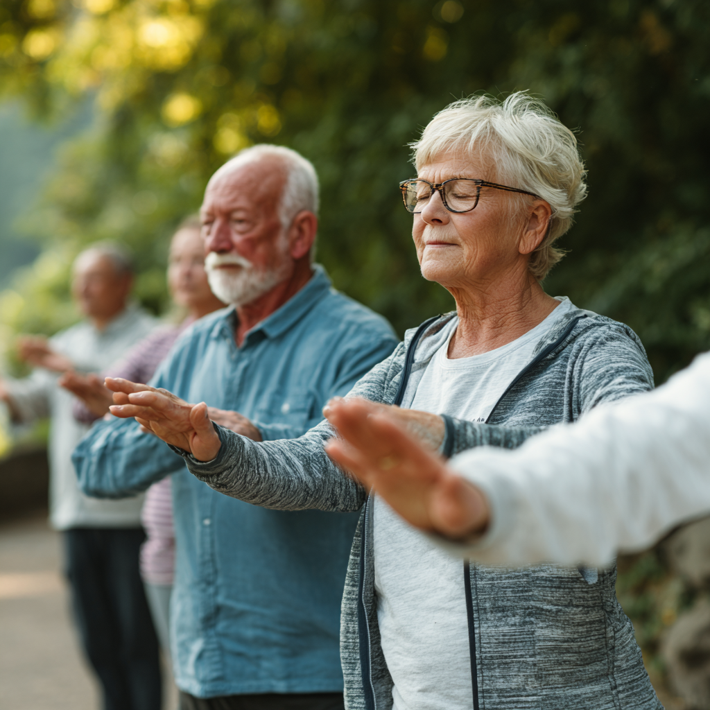 Older adults practicing gentle movement exercises in natural outdoor setting